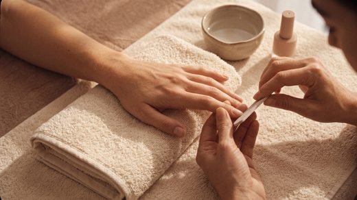 Soft blush nail polish bottles and manicure tools